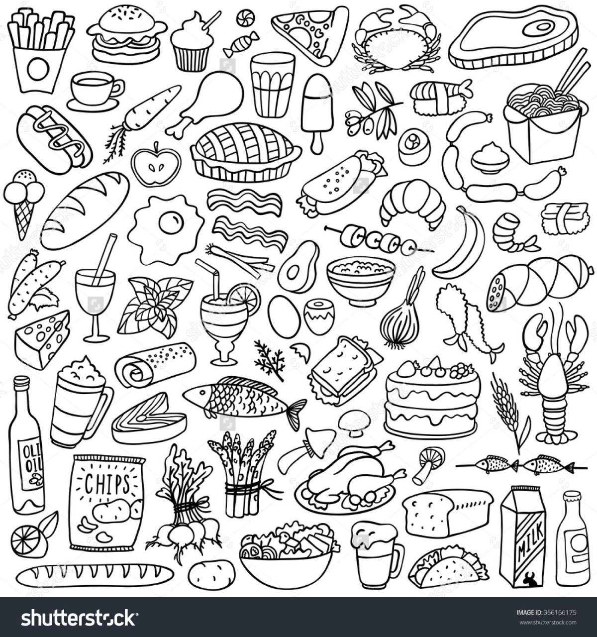 Еда для распечатки черно белая