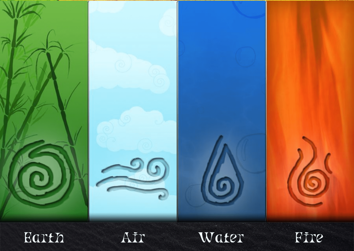 Элементы стихии огонь, вода, воздух и земля.