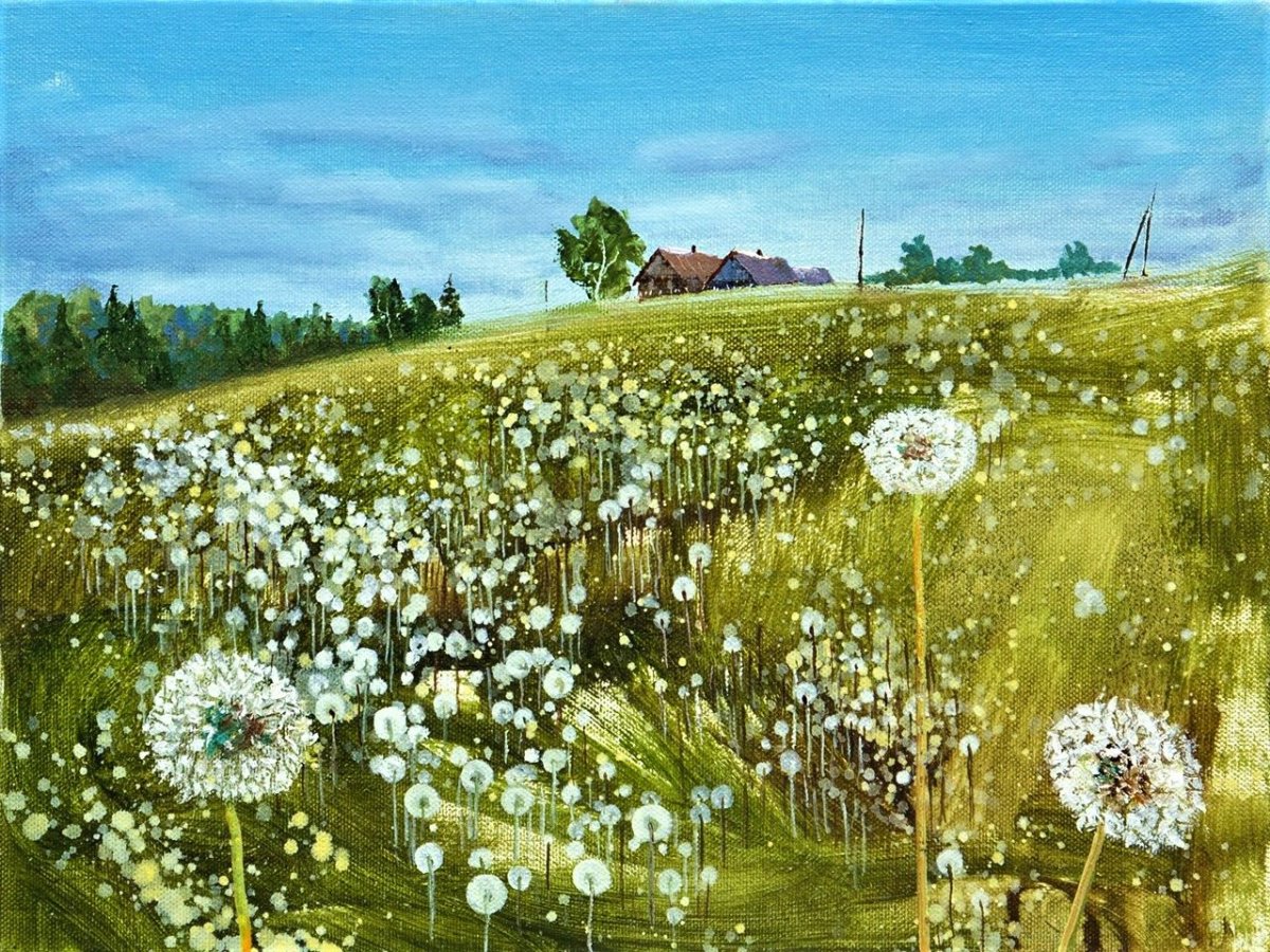 Живопись маслом пейзаж Одуванчиковое поле