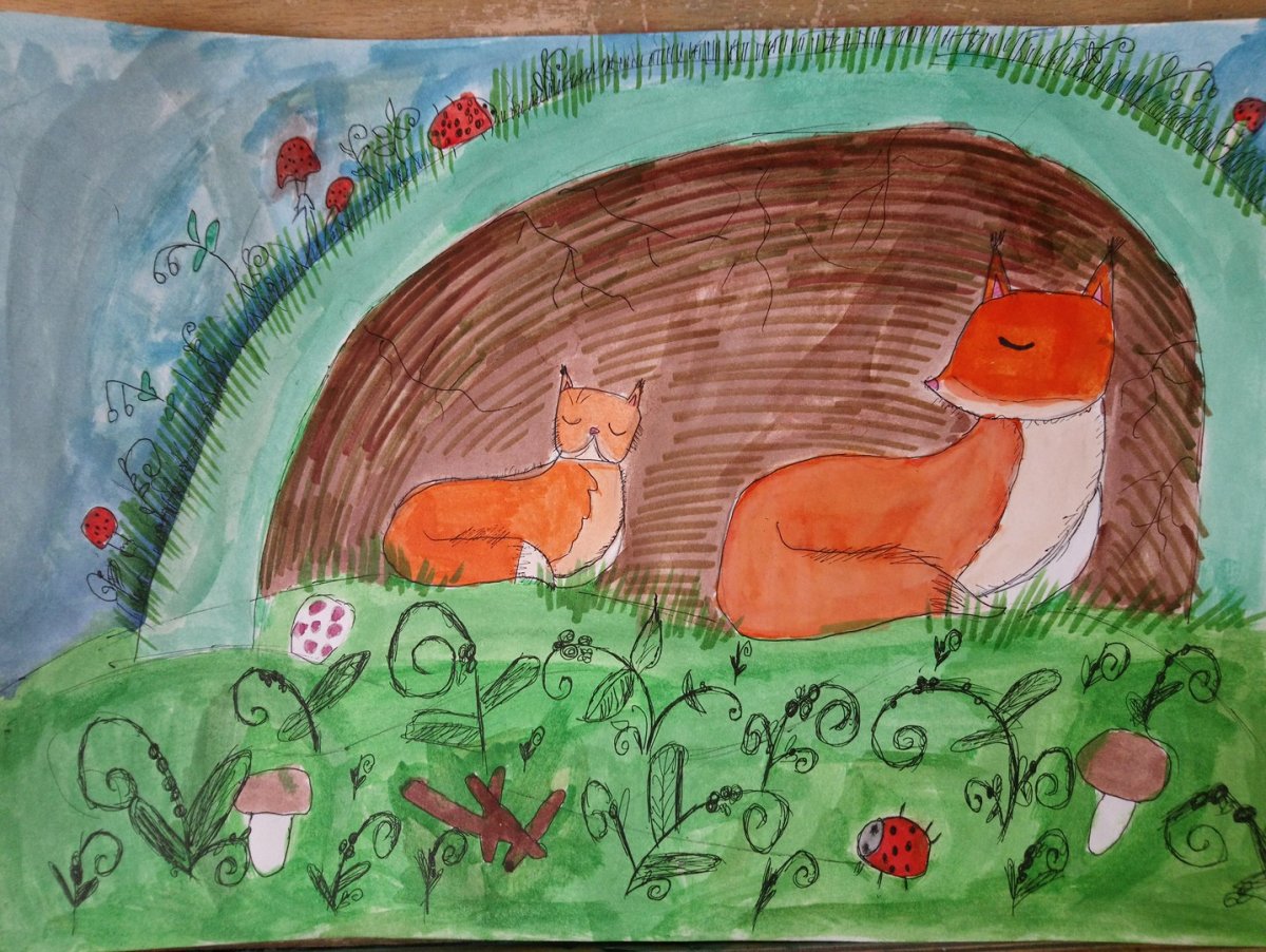 Лиса с лисятами для детей