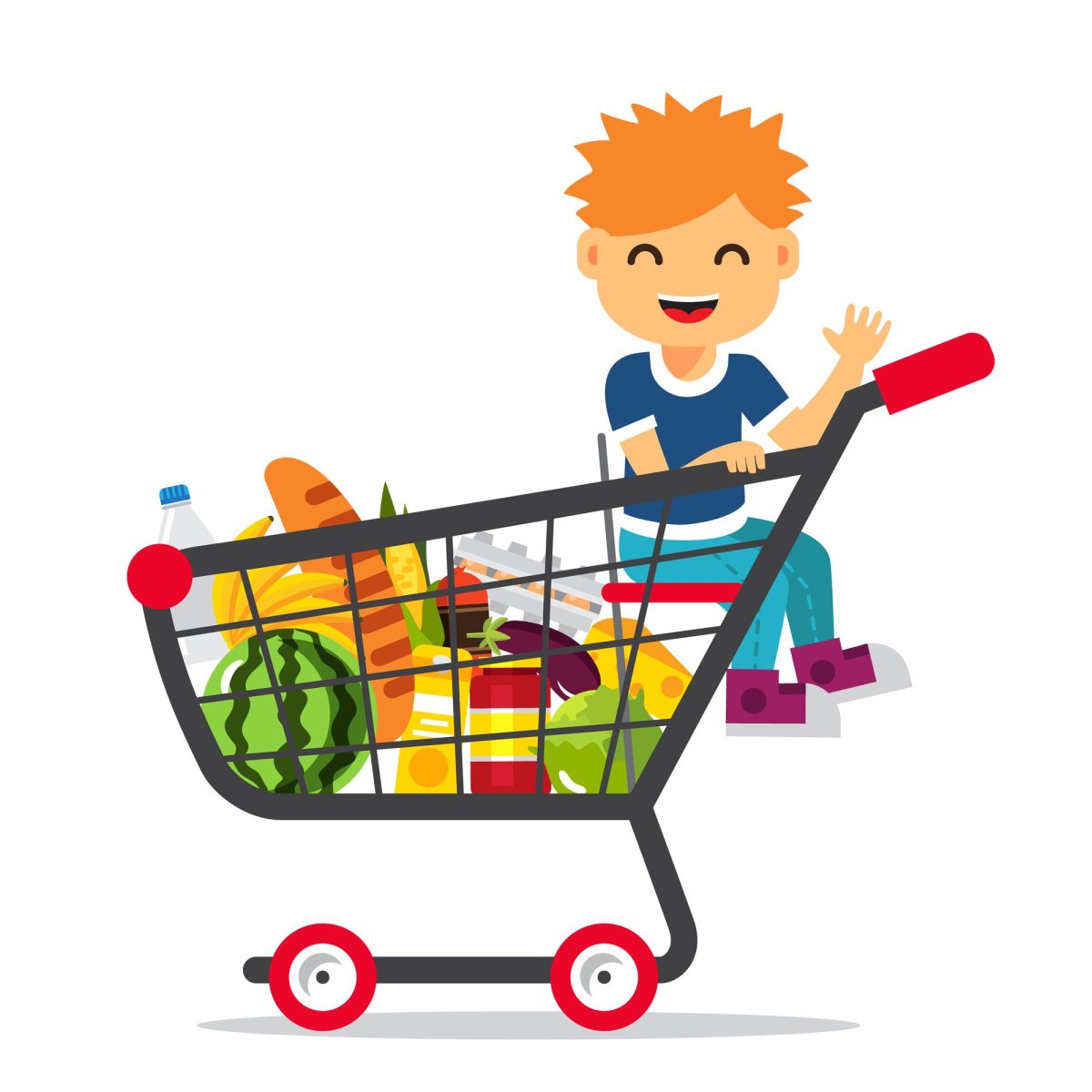 Иллюстрация мальчик с тележкой для покупок