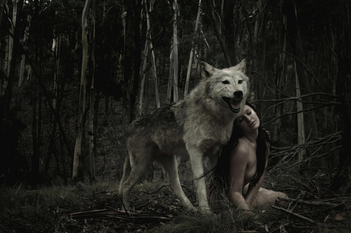 Девушка с волком на черном фоне