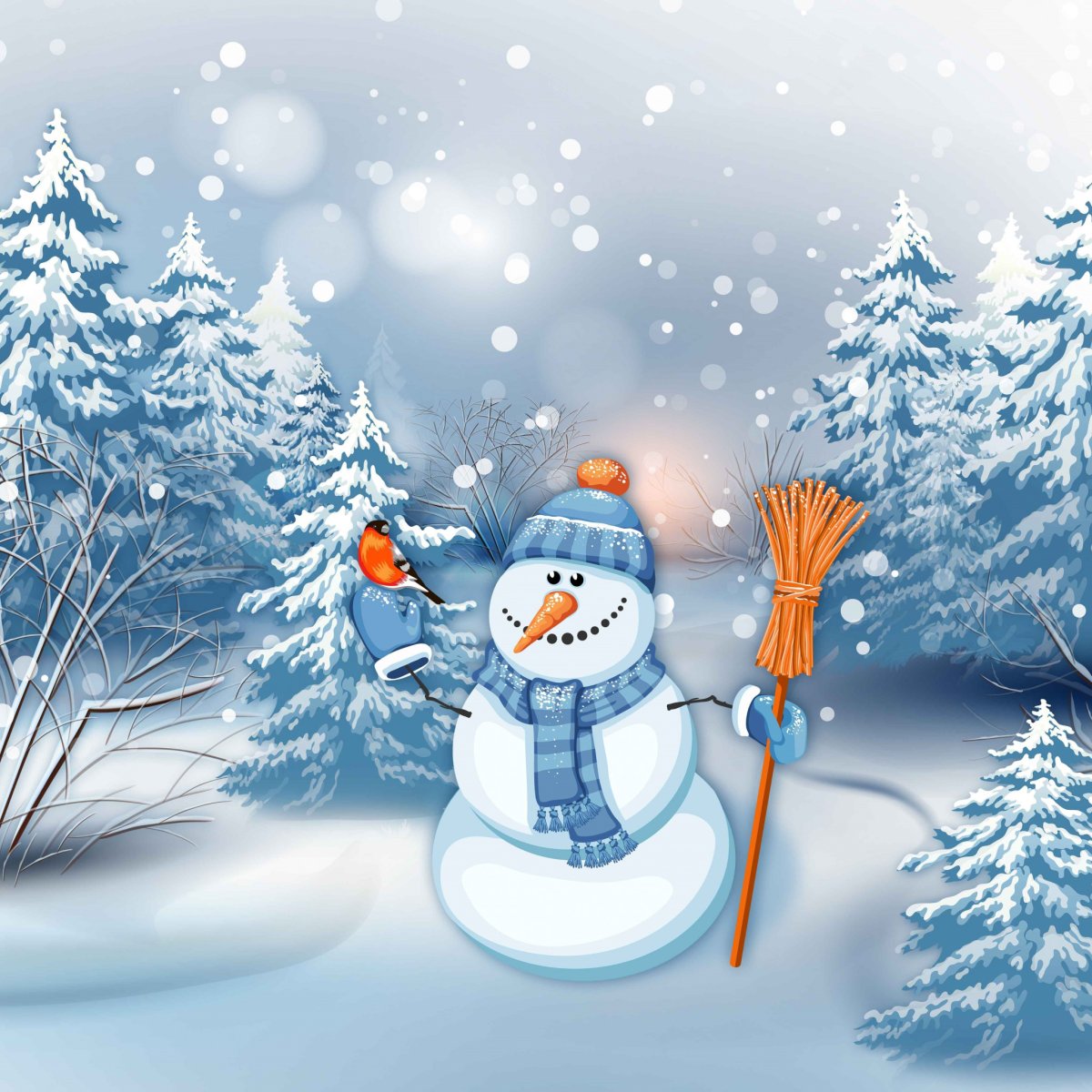 Зимний пейзаж со снеговиком