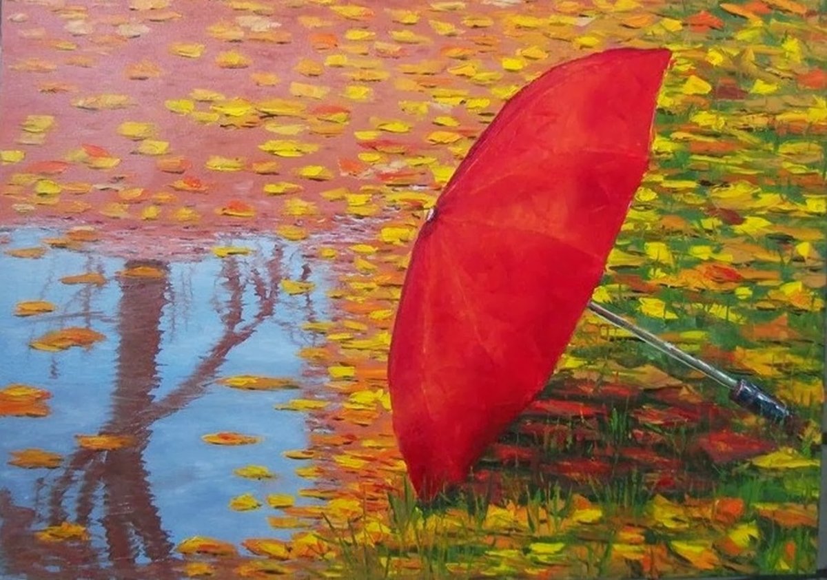 Маленькая девочка с красным зонтиком под дождем