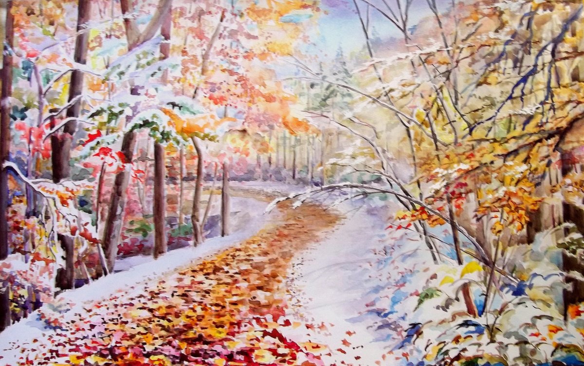 Первый снег акварель