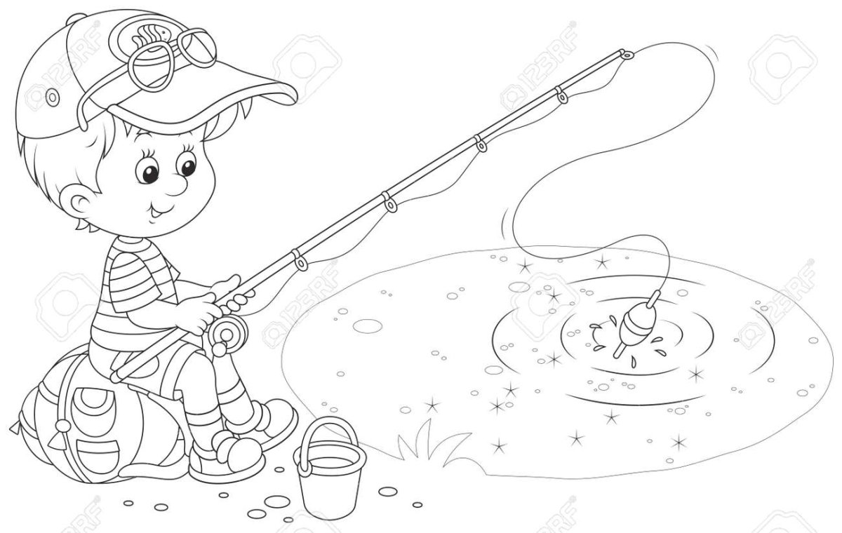 Раскраска мальчик на рыбалке для детей