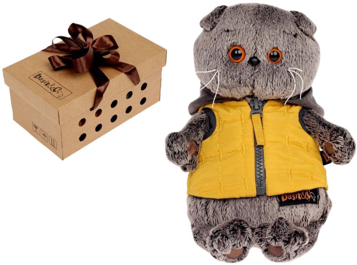 Мягкая игрушка "Басик" в жёлтой жилетке с серым капюшоном