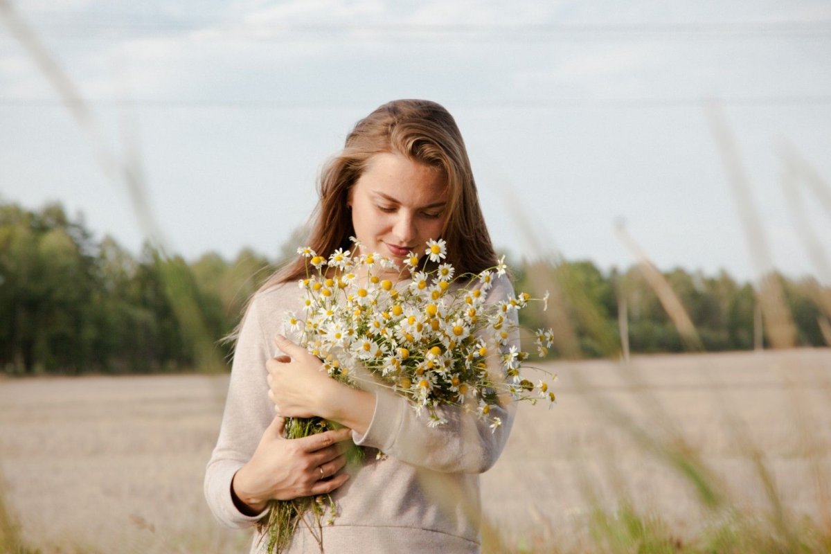 Ромашки в руках у девушки
