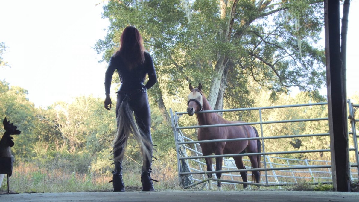 Латекс костюм лошади и госпожа