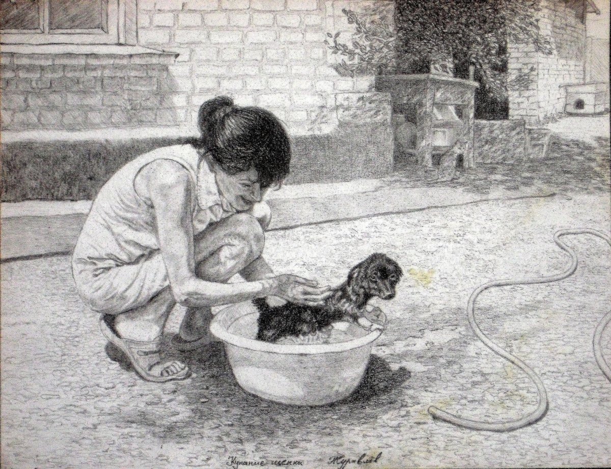 Картина ребенка моют в тазу