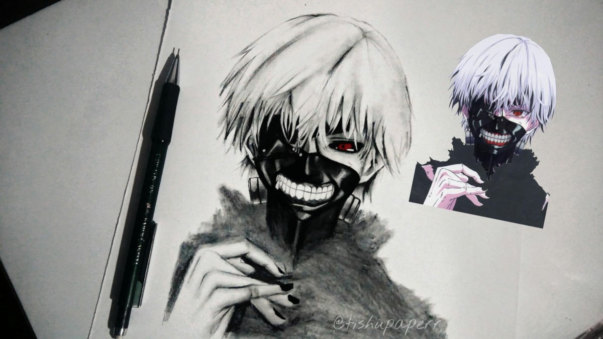 Канеки лицо в маске карандашом