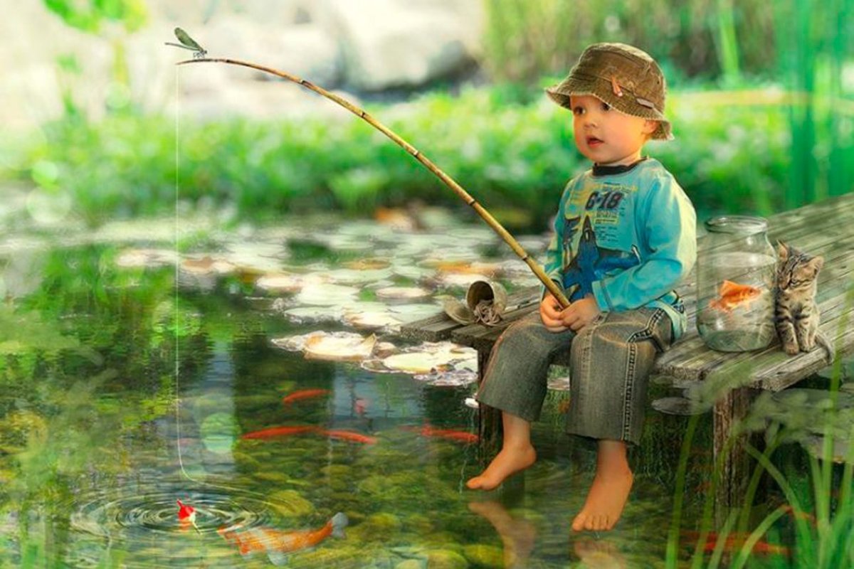 Мультяшная папа и сын на рыбалке