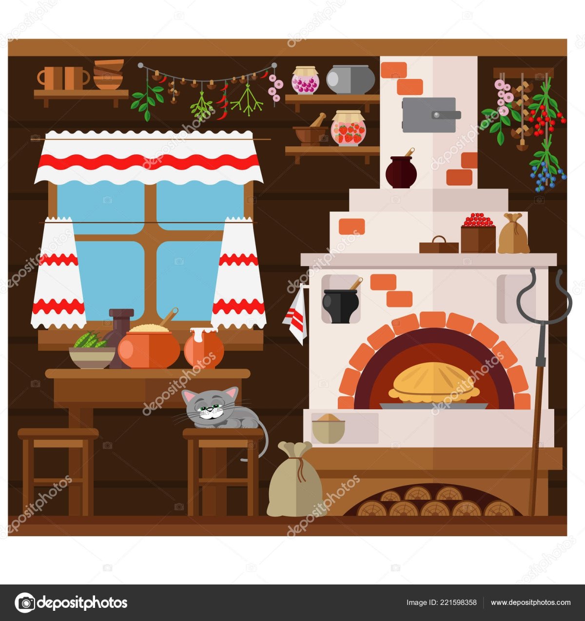 Русская печь акварель