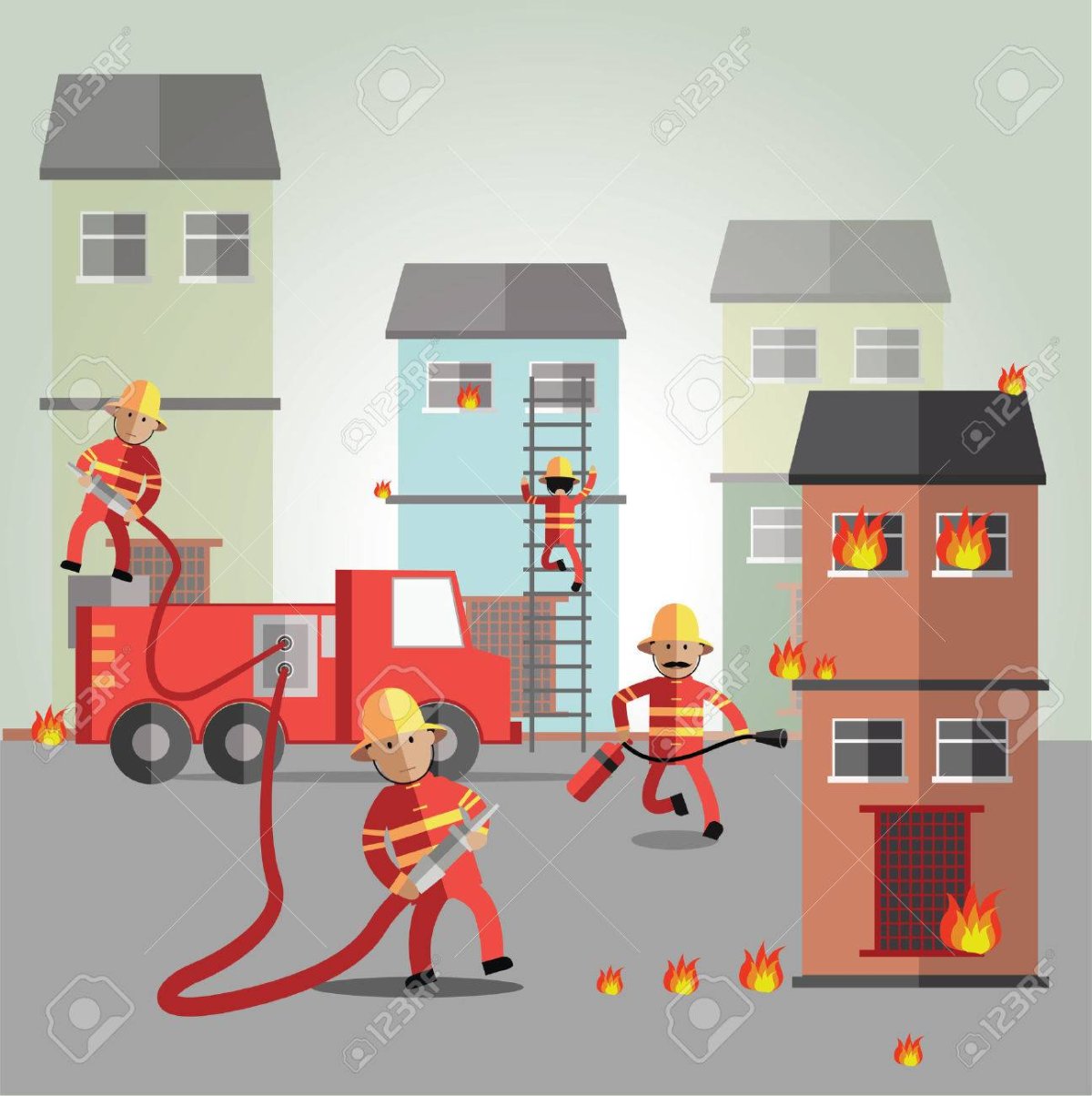 Пожарные тушат пожар для детей