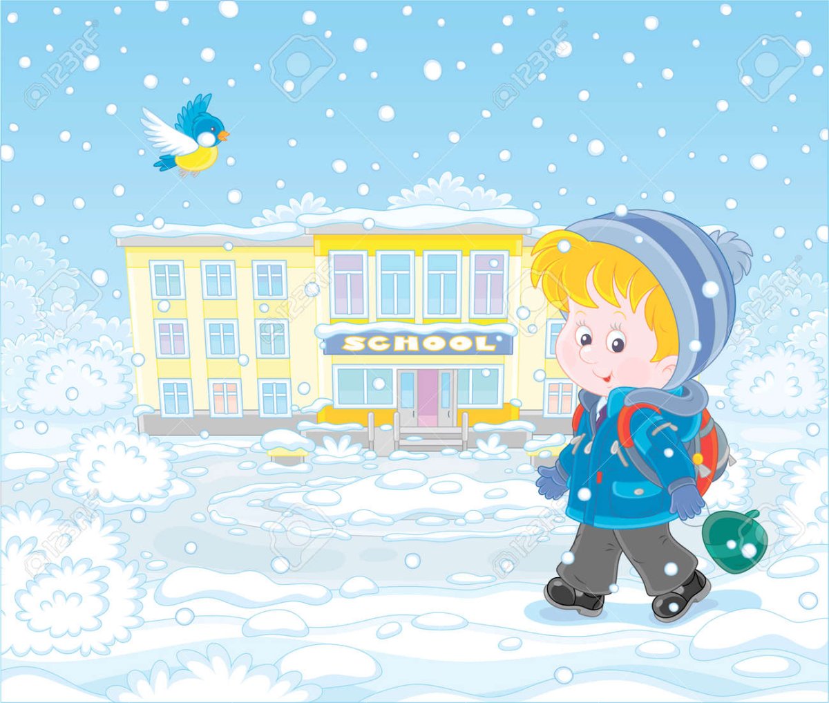 Школьники идут в школу зимой