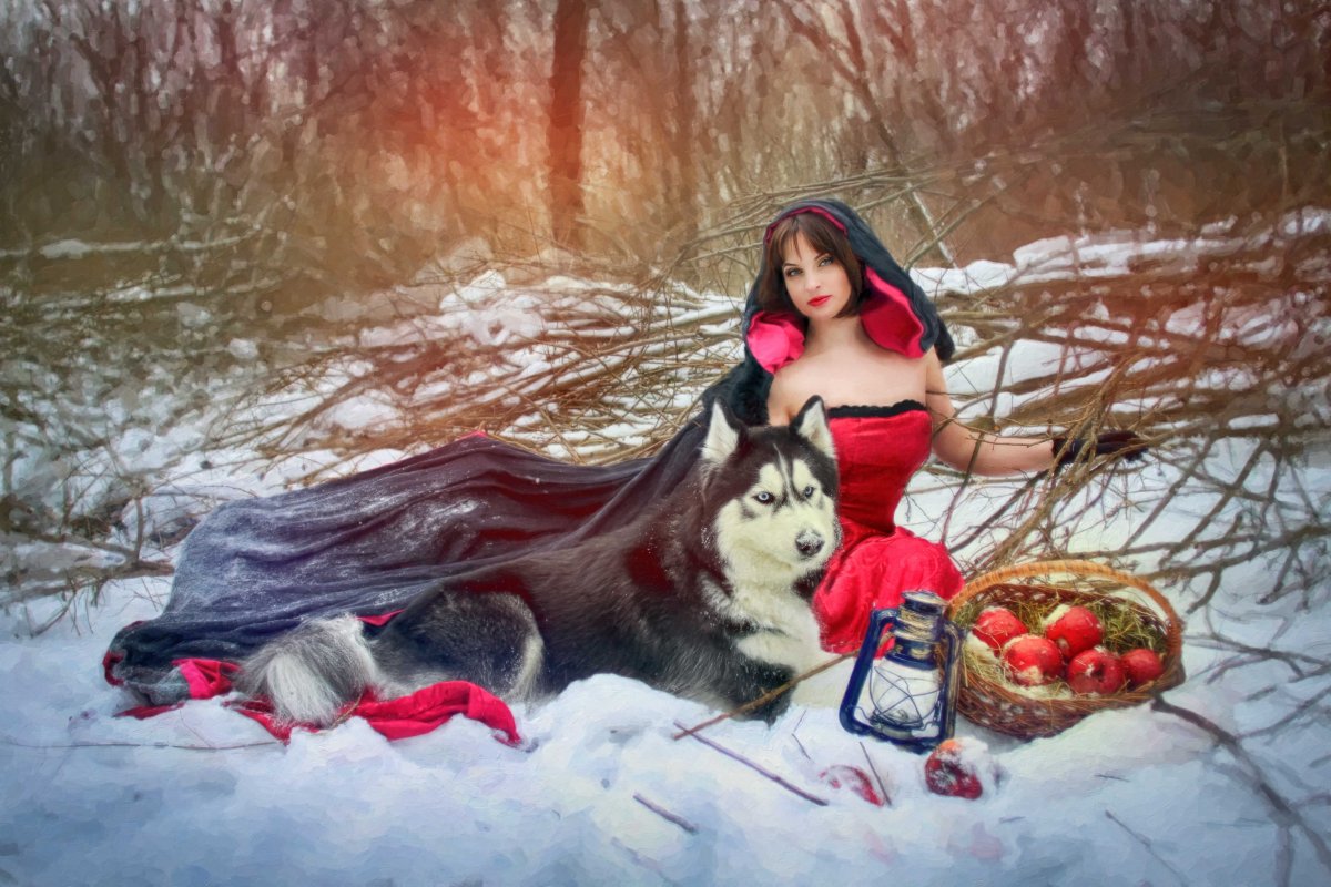 Фотосессия с красным яблоком зимой