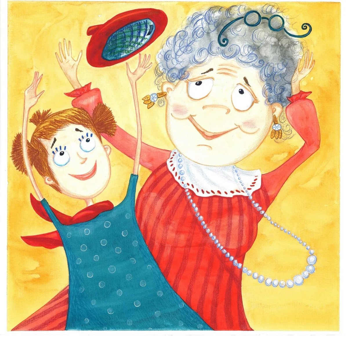 Веселая бабушка с внучкой