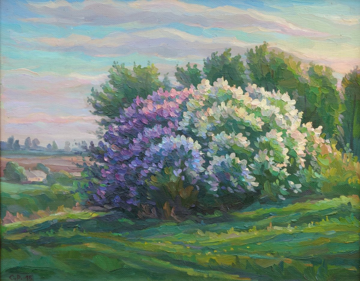 Куст сирени акварелью