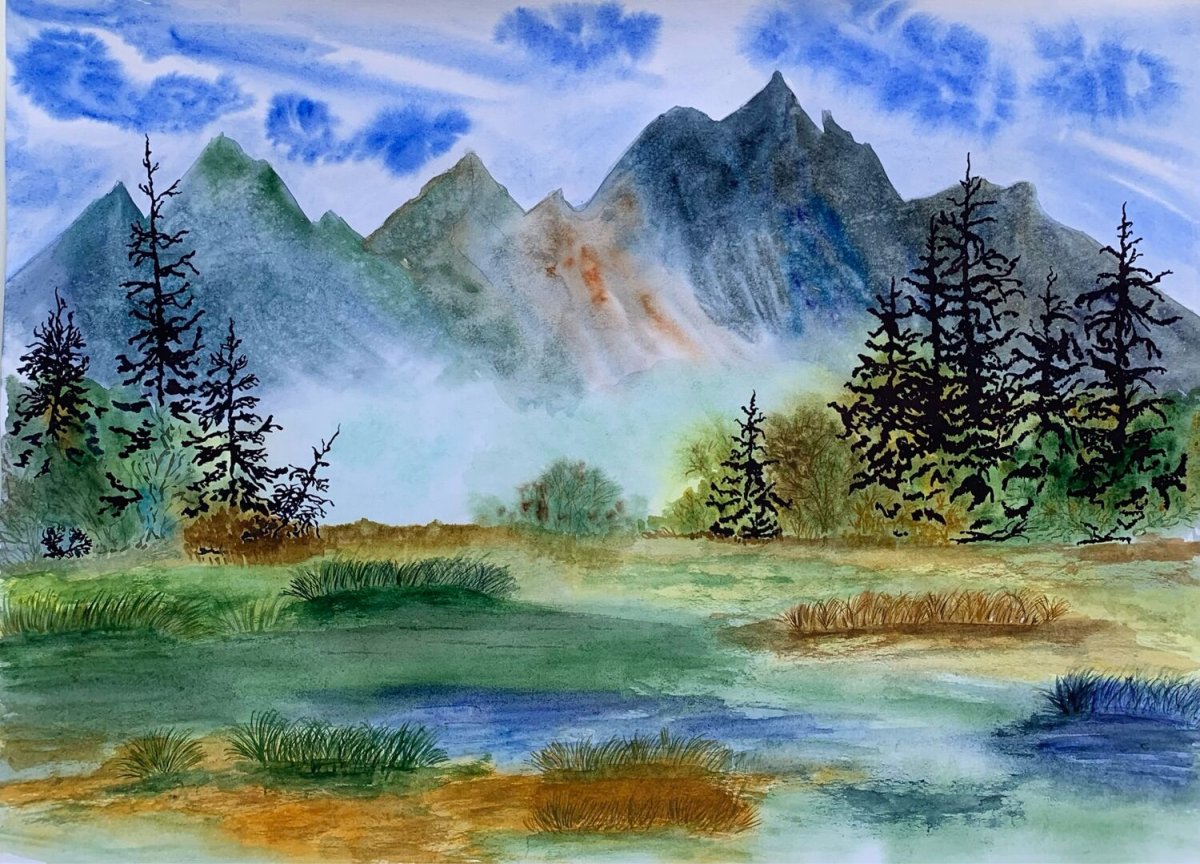 Горы акварелью лессировка