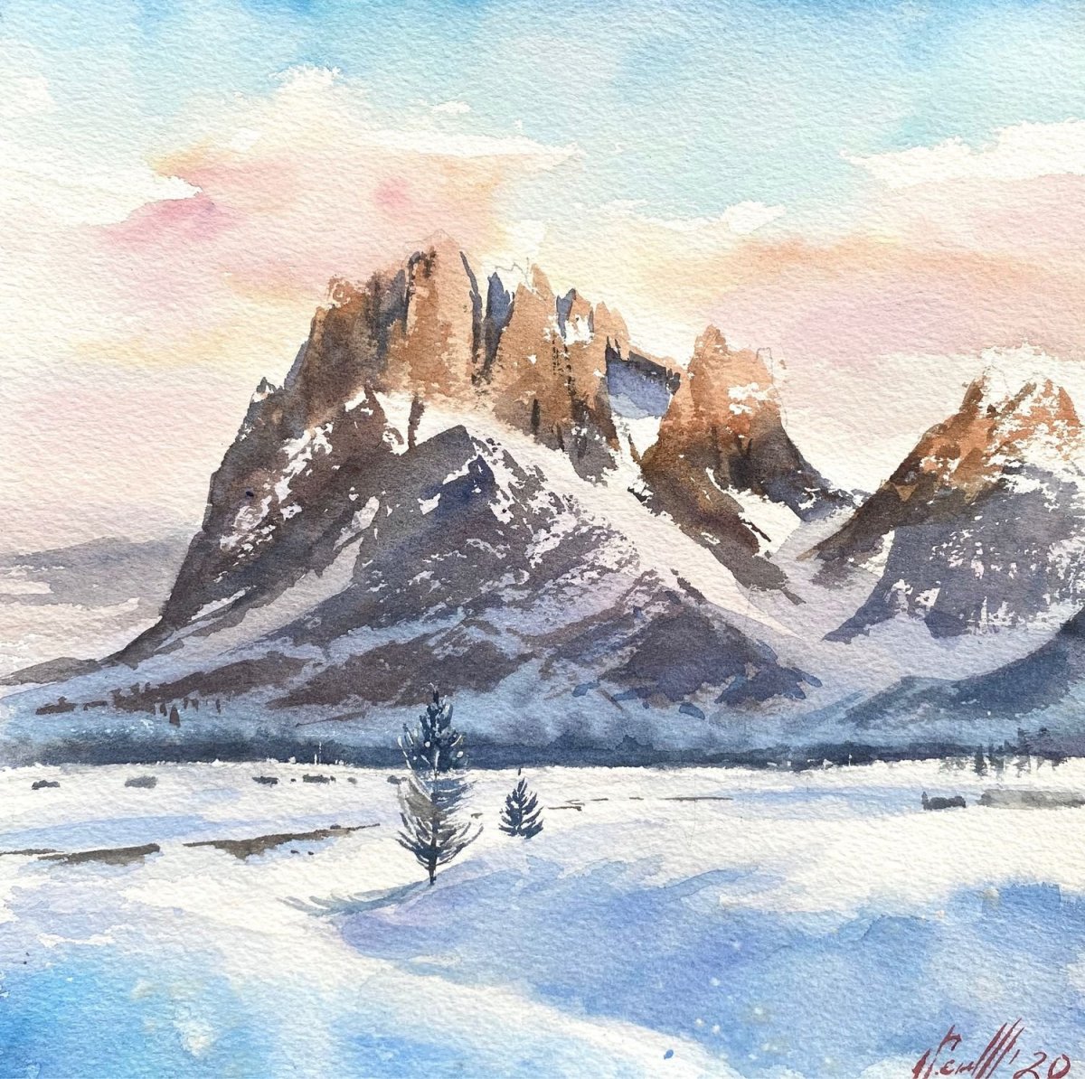 Гора Монблан акварелью