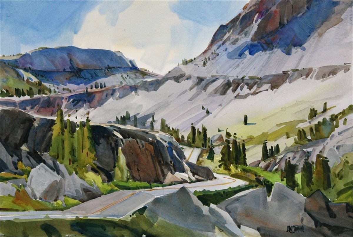 Горы акварель лессировка акварелью