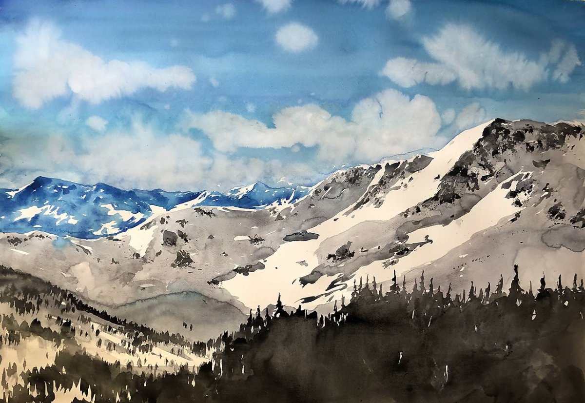 Новая Зеландия горы акварель