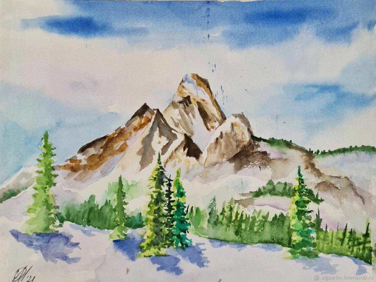 Снежные горы акварелью