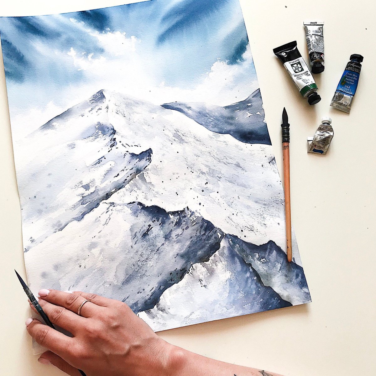 Восход пейзаж горы акварелью