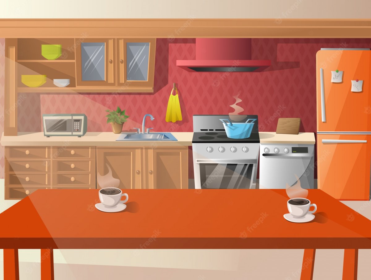 Картинка мультяшная за кухонным столом