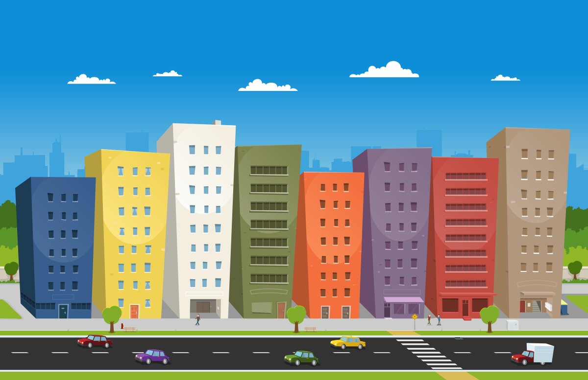 Мультяшный многоэтажный дом в городе
