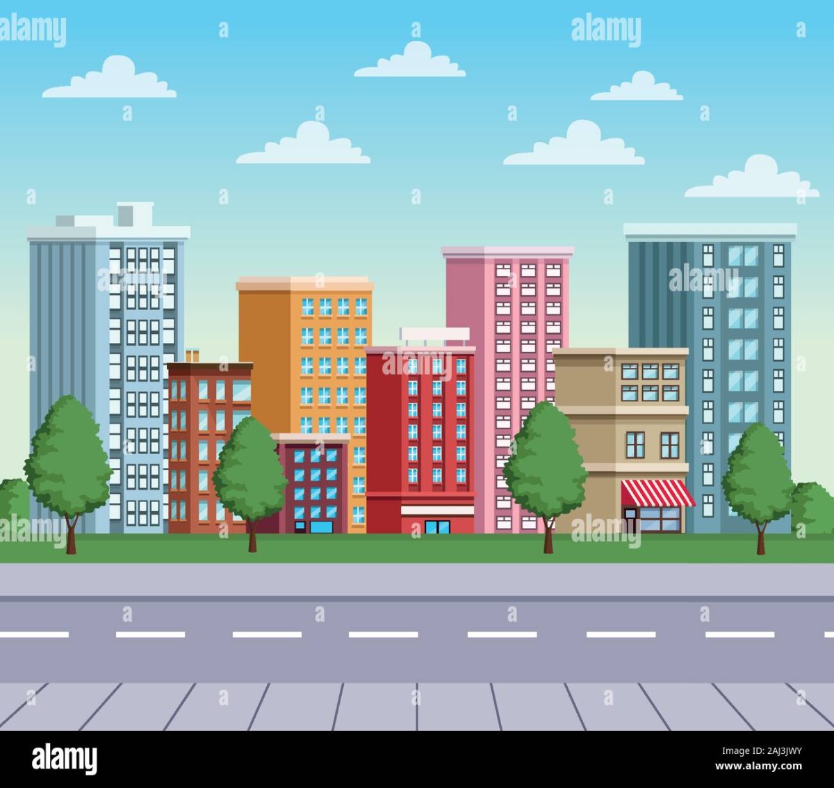 Мультяшный город с дорогой