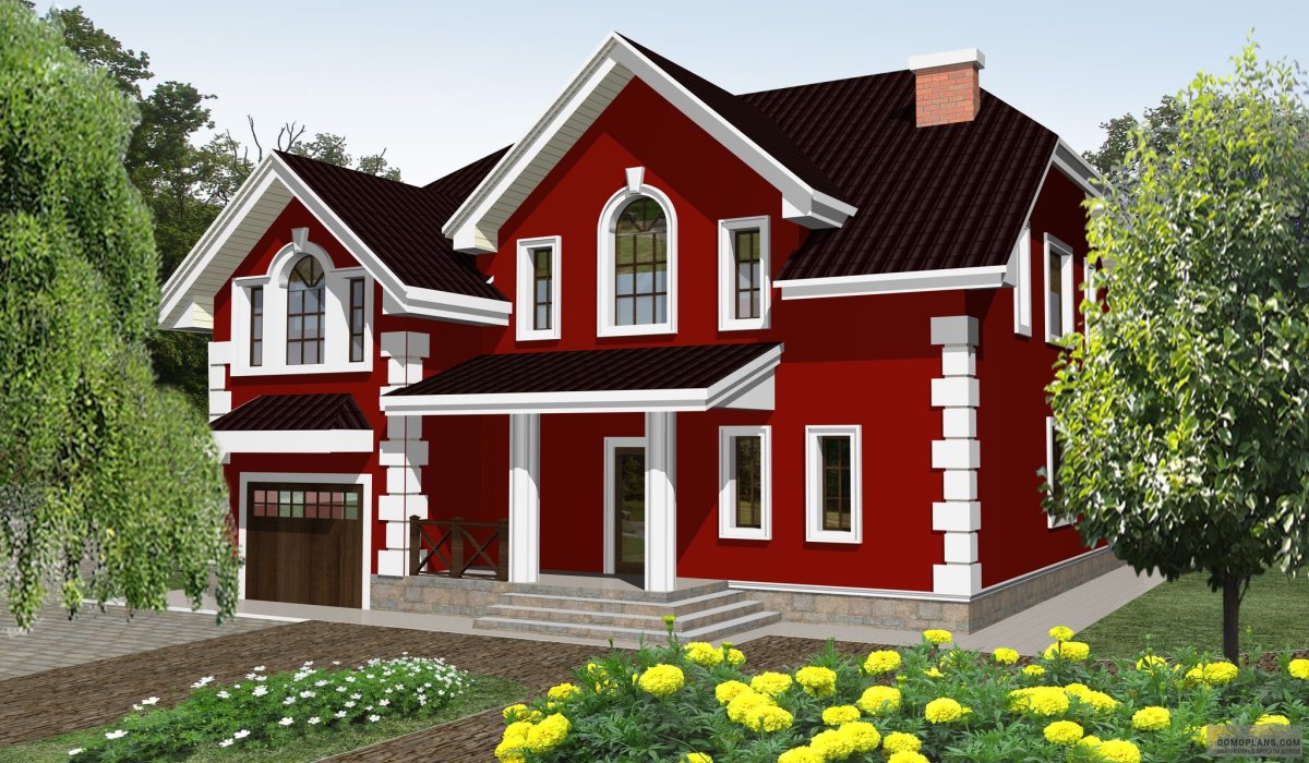 Двухэтажный дом с красной крышей