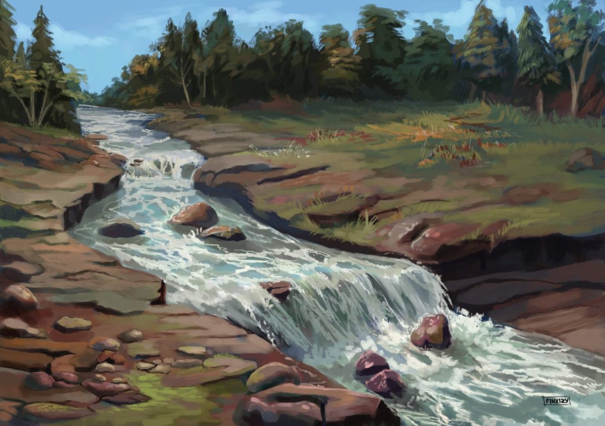 Мультяшный лес с ручьем