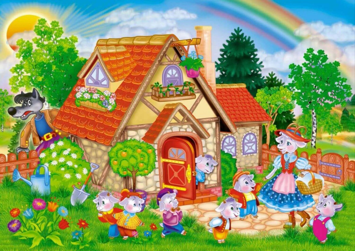 Раскраски по сказке волк и семеро козлят для детей