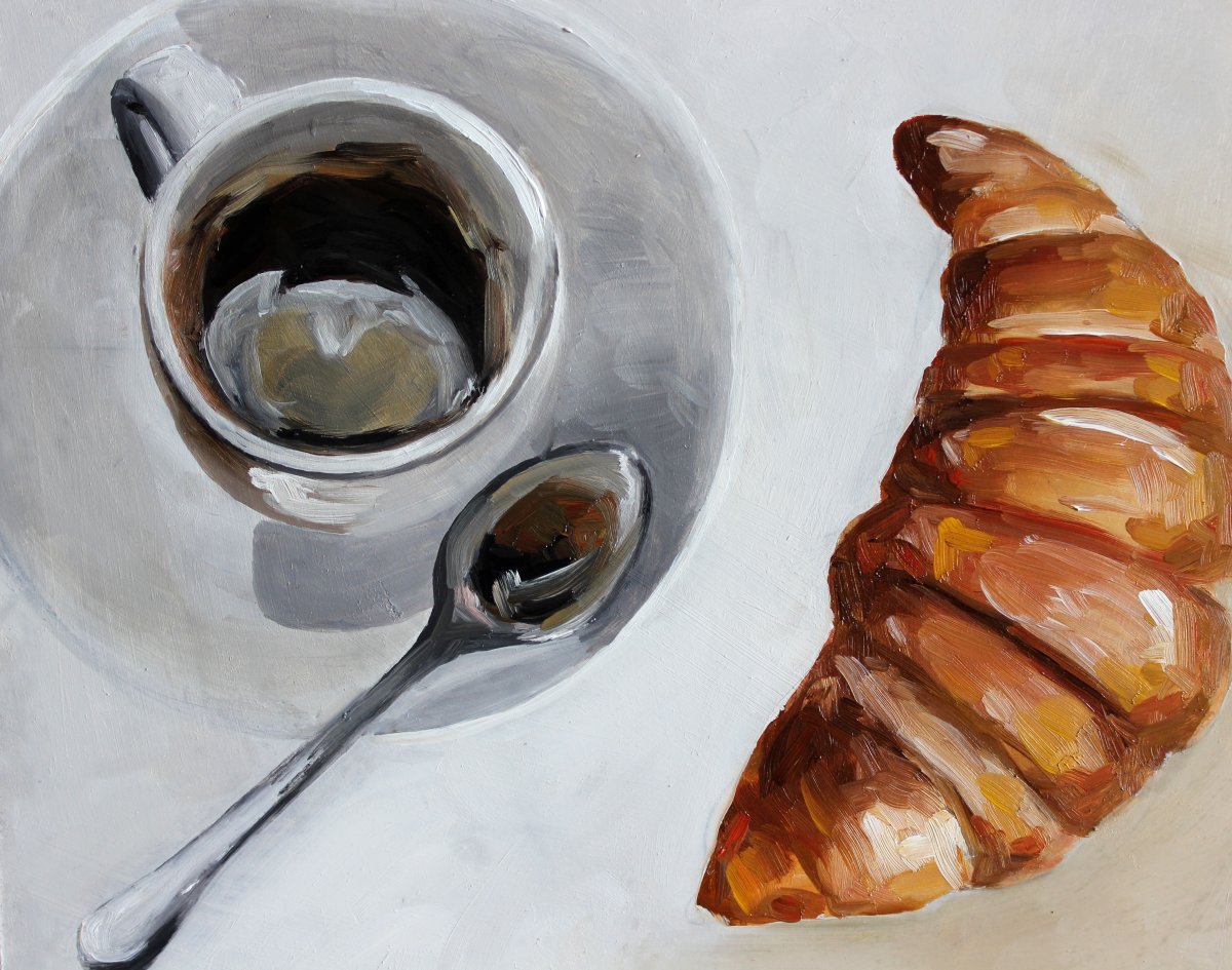 Кофе с круассаном акварель