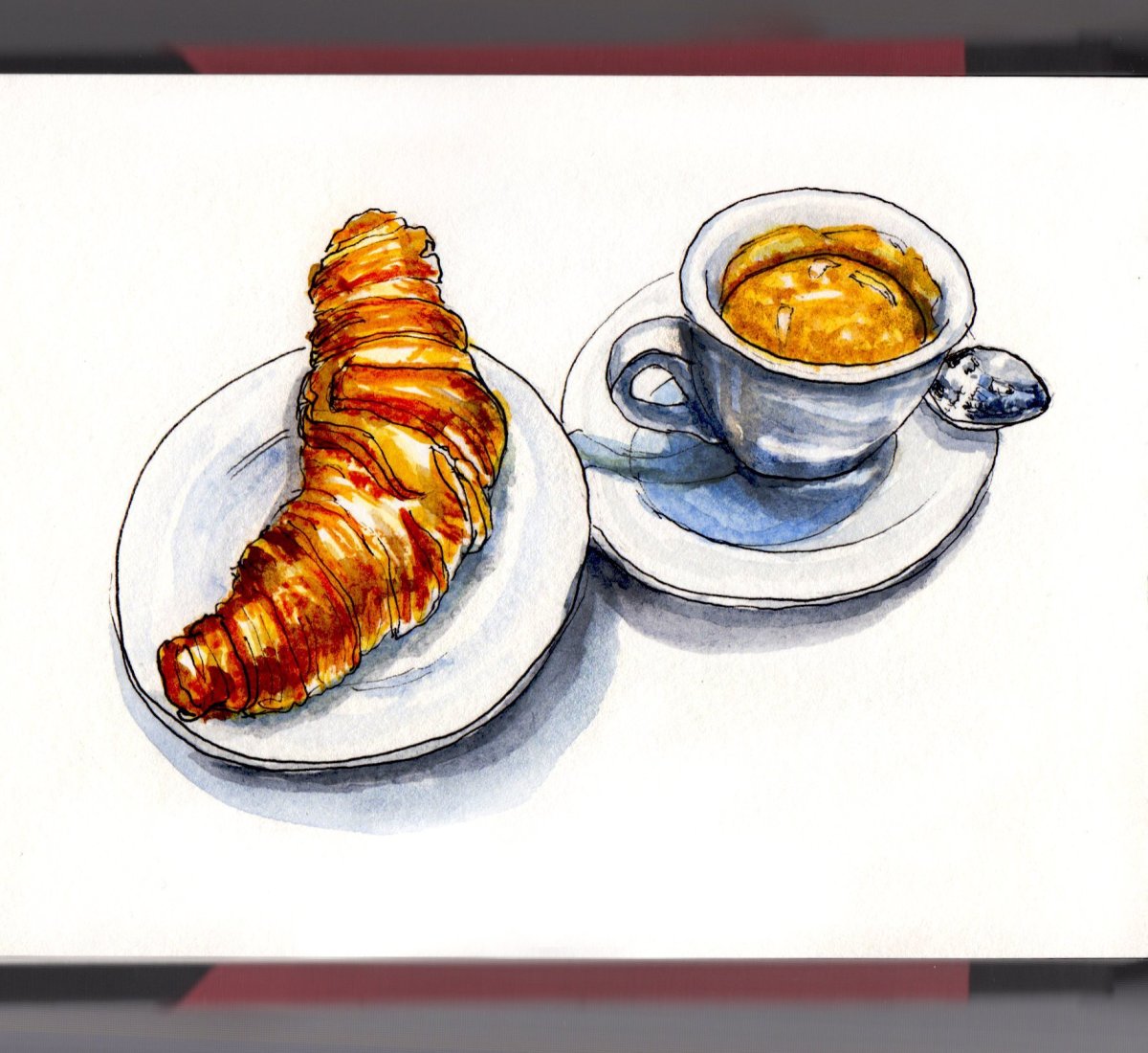 Кофе с круассаном акварель