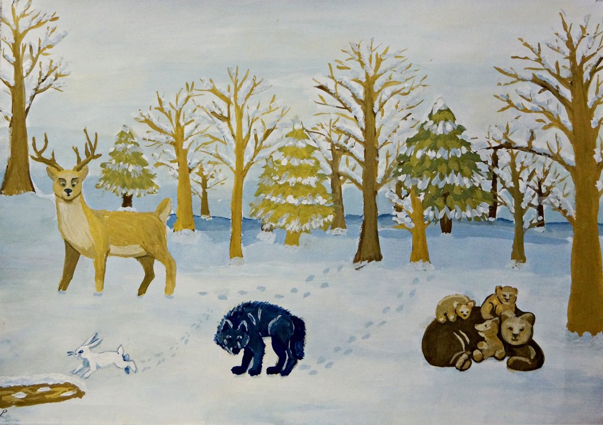 Зимние животные гуашью