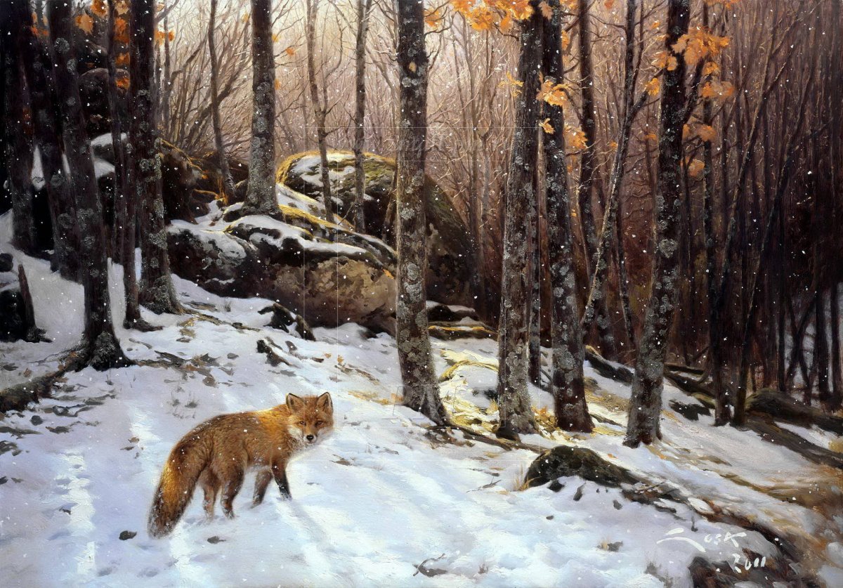 Лиса в лесу живопись