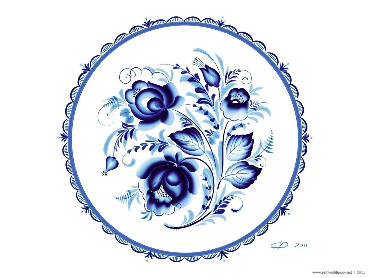 Рис Гжель тарелка чашка кувшин гуашь