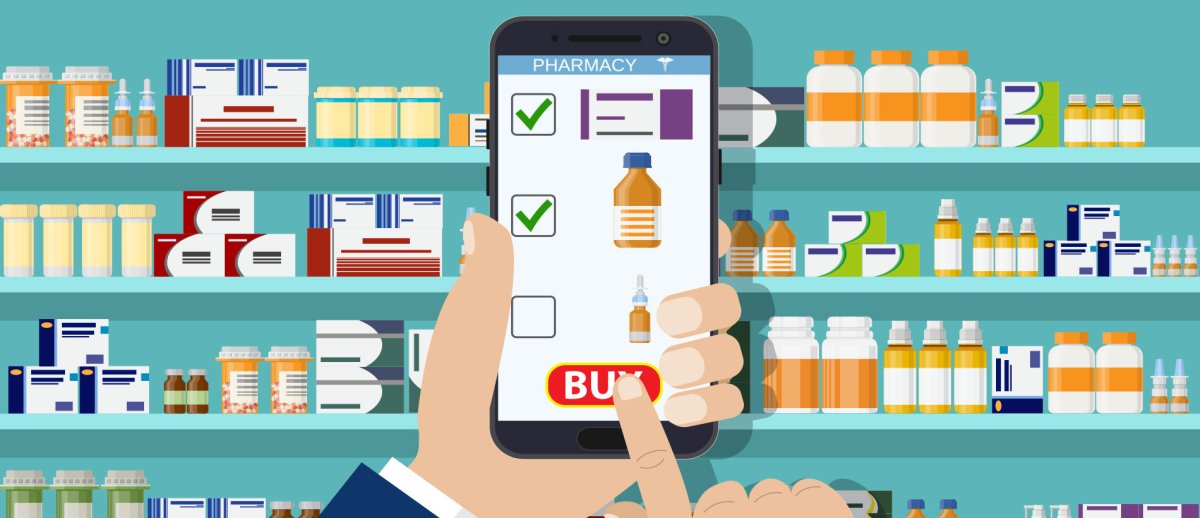 Выбор лекарства в аптеке vector