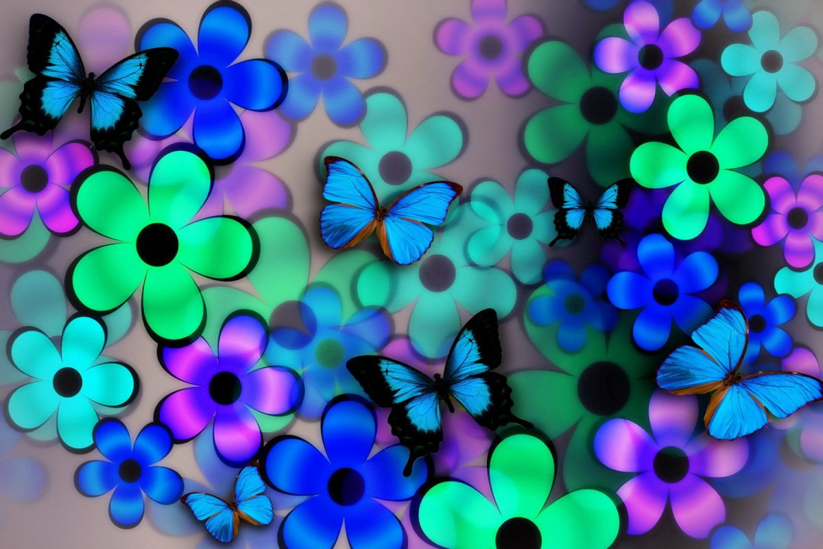 Разноцветные бабочки и цветочки