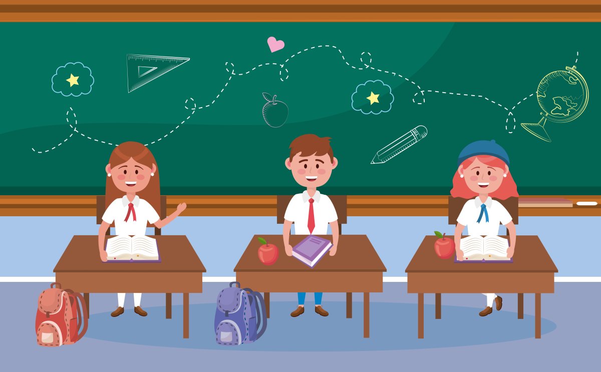 Мультяшные школьники за партой