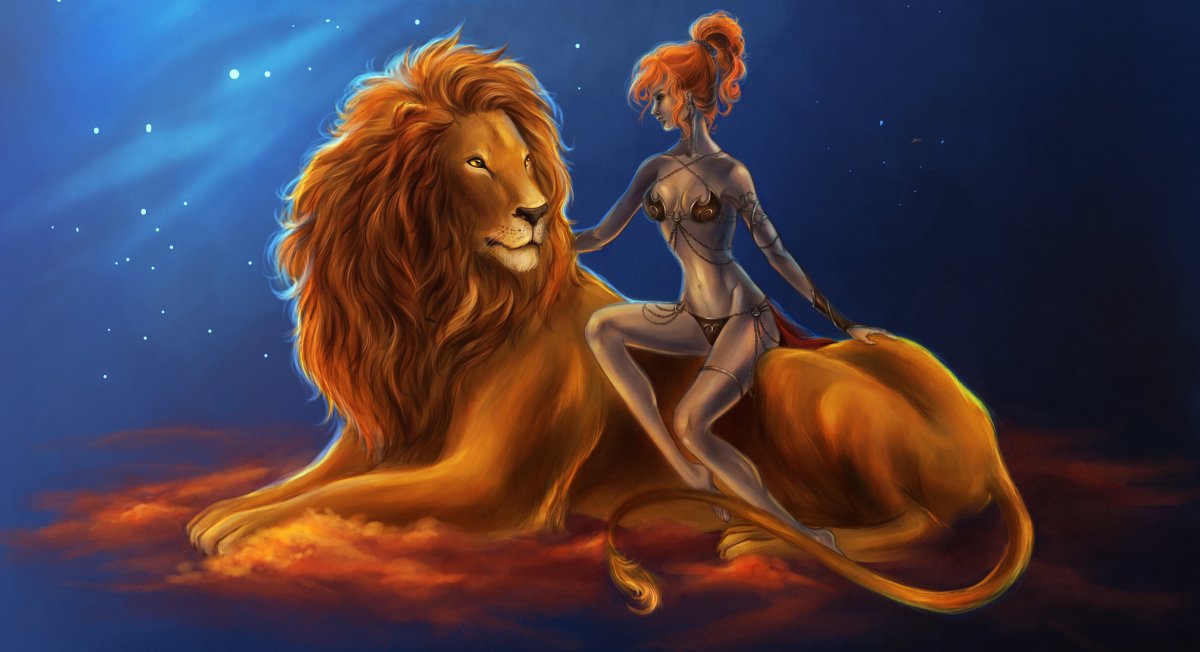 Рыжая девушка со львом