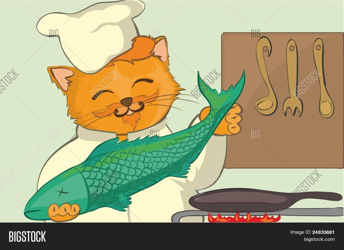 Кот с рыбой в лапах