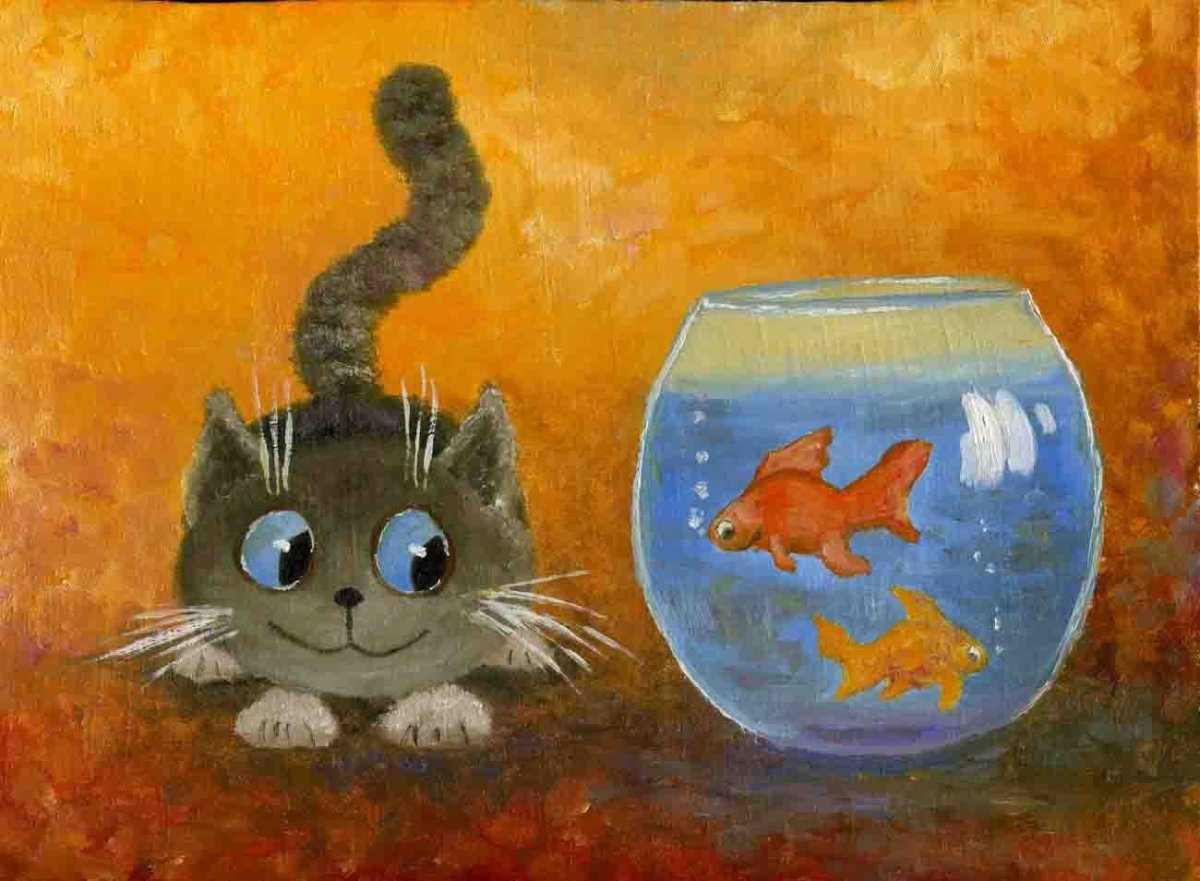 Золотая рыбка с котом живопись