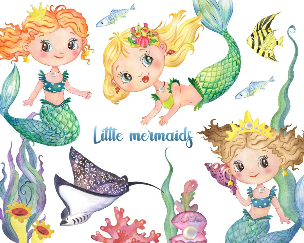 Русалочка клипарт акварель