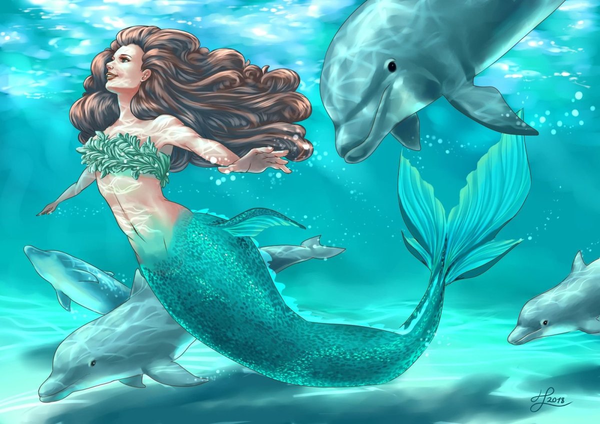 Русалка с дельфином арт