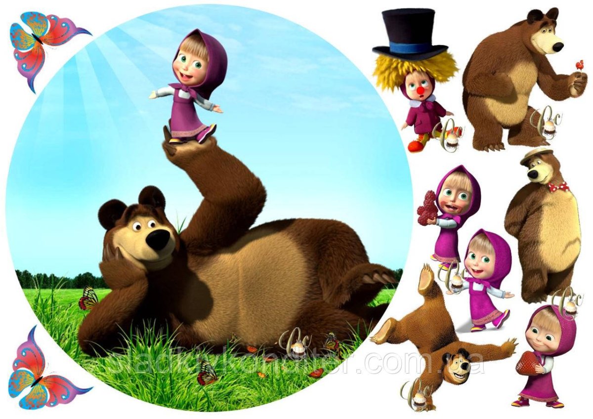 Картинка круглая Маша и медведь на торт