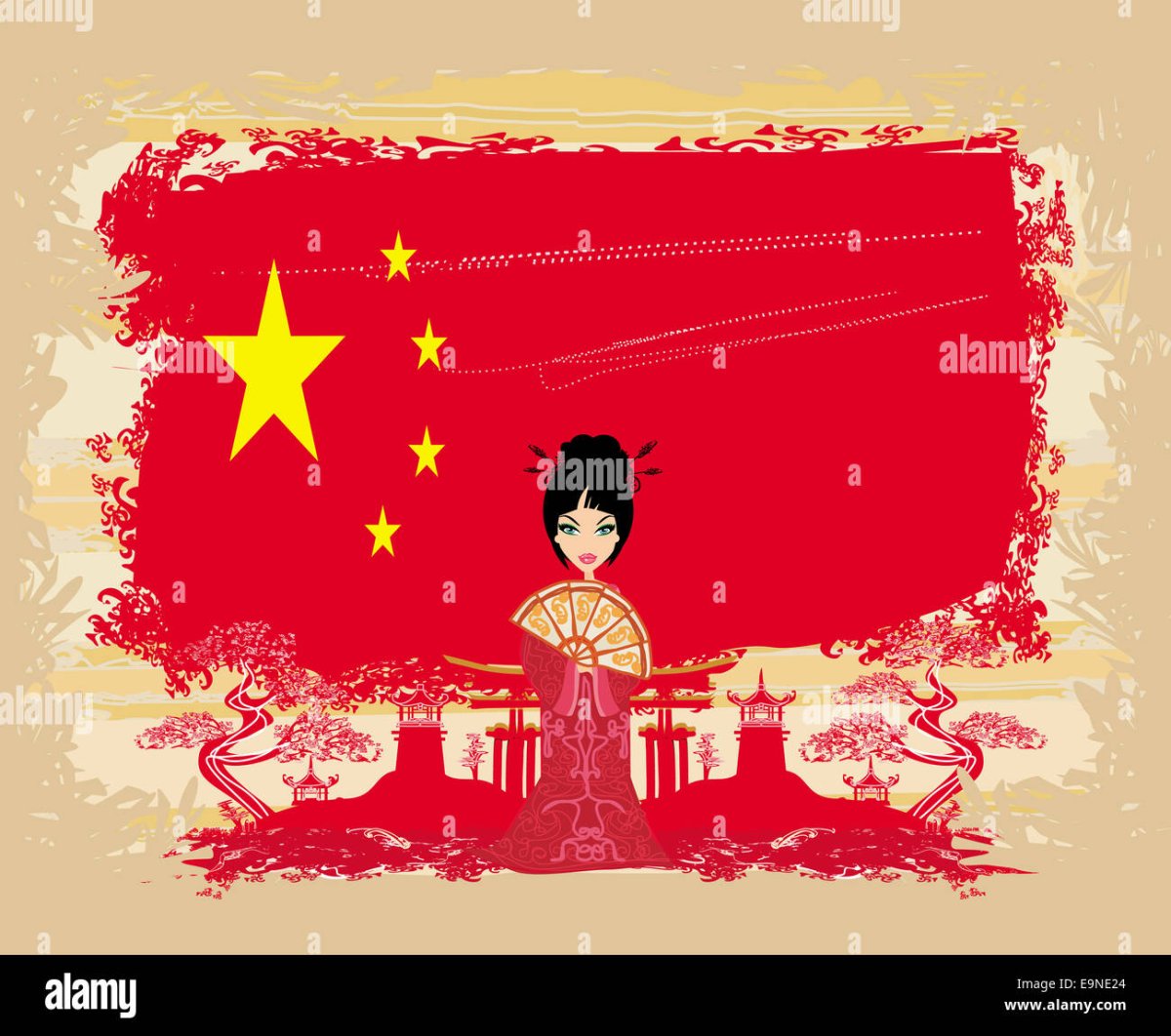 Девушка на фоне флага Китая