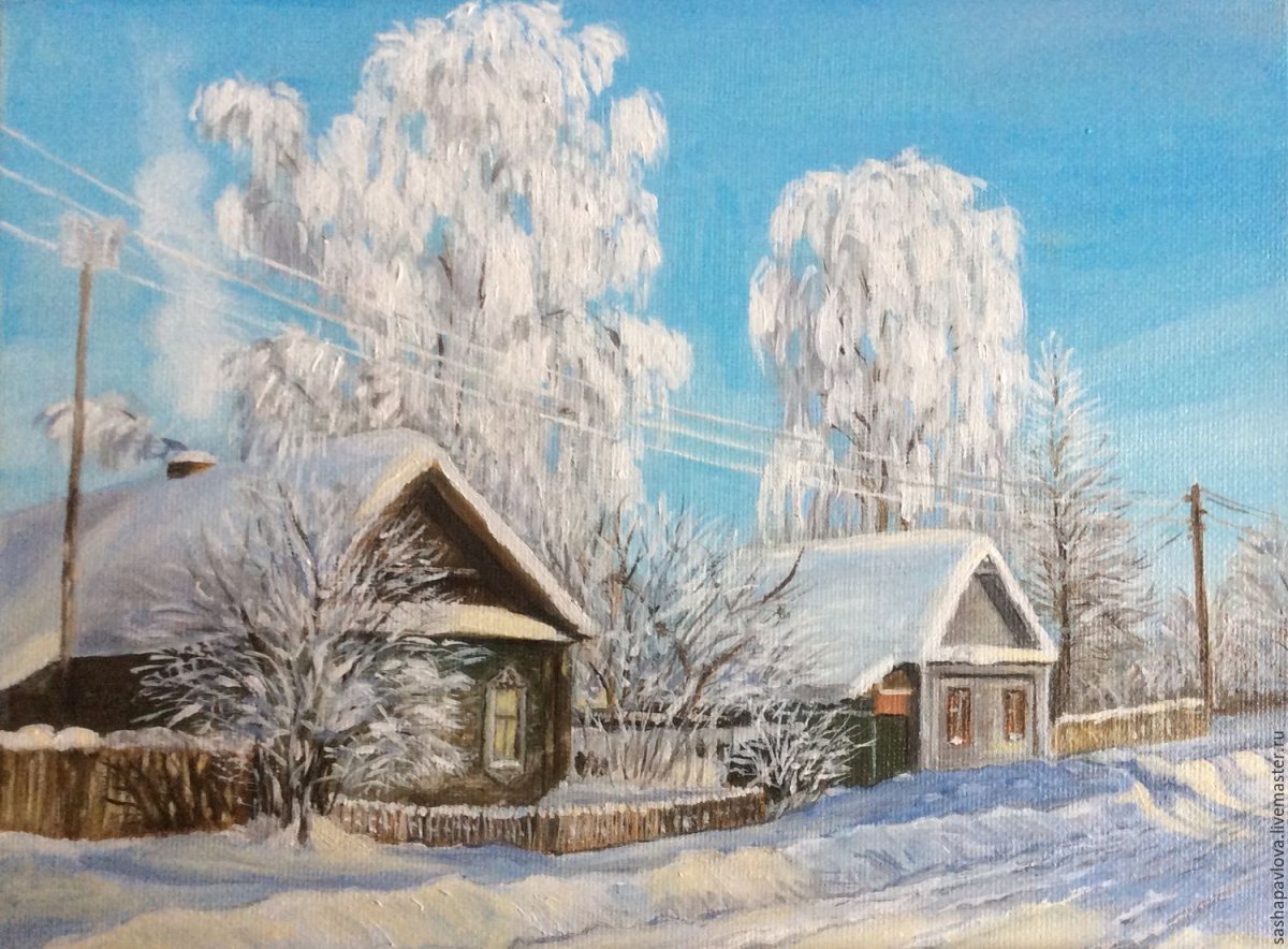 Зимняя деревня живопись